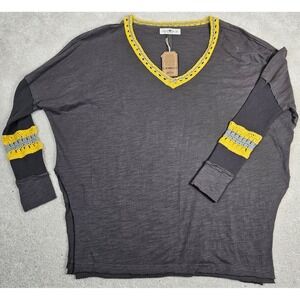 Women's Natural Life Top Sz XS Gray V Neck‎ Crochet Trim Long Sleeve Granny Boho